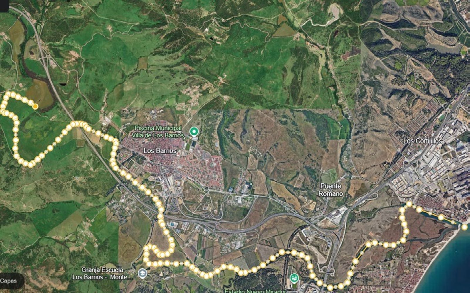 Recorrido aproximado de 3 leguas (unos 15 kilómetros), la parte del río que podría ser navegable según Verboom.