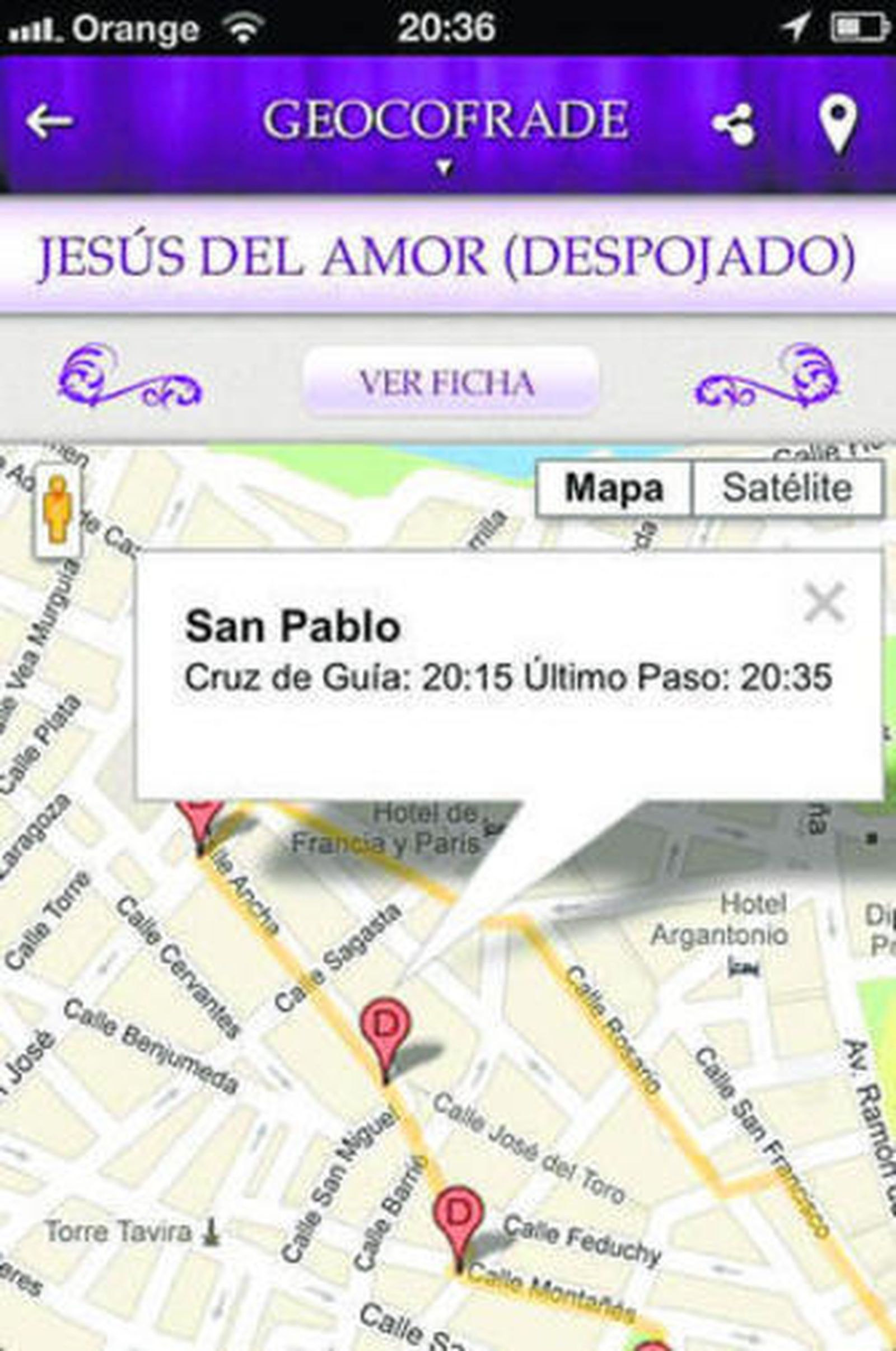 Captura de una pantalla del Geocofrade de esta aplicación móvil.