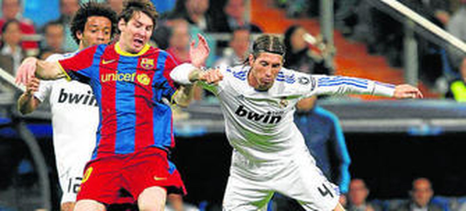 Marcelo, Messi y Sergio Ramos en el Real Madrid-Barcelona de Champions.