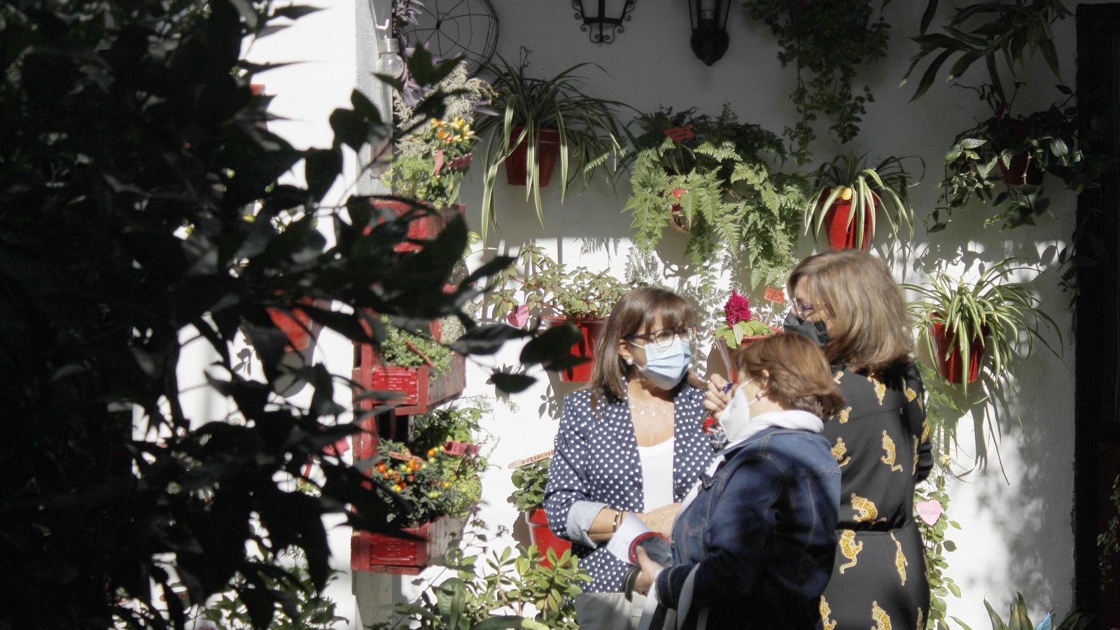 Tres mujeres conversan en el patio de Marina Muñoz, en la calle Mariano Amaya, 4