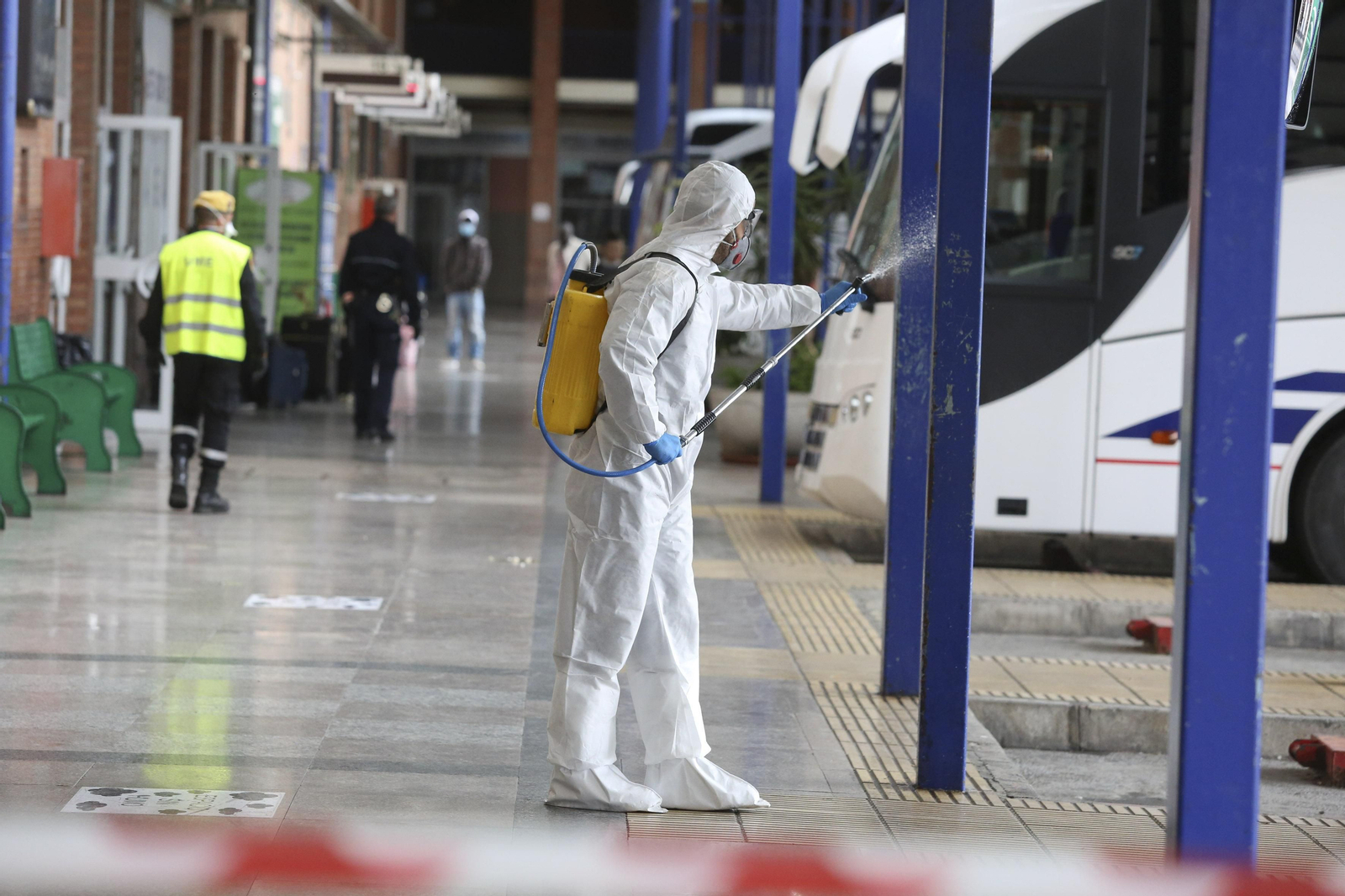 La UME desinfecta en Málaga la estación de autobuses y el puerto, en fotos