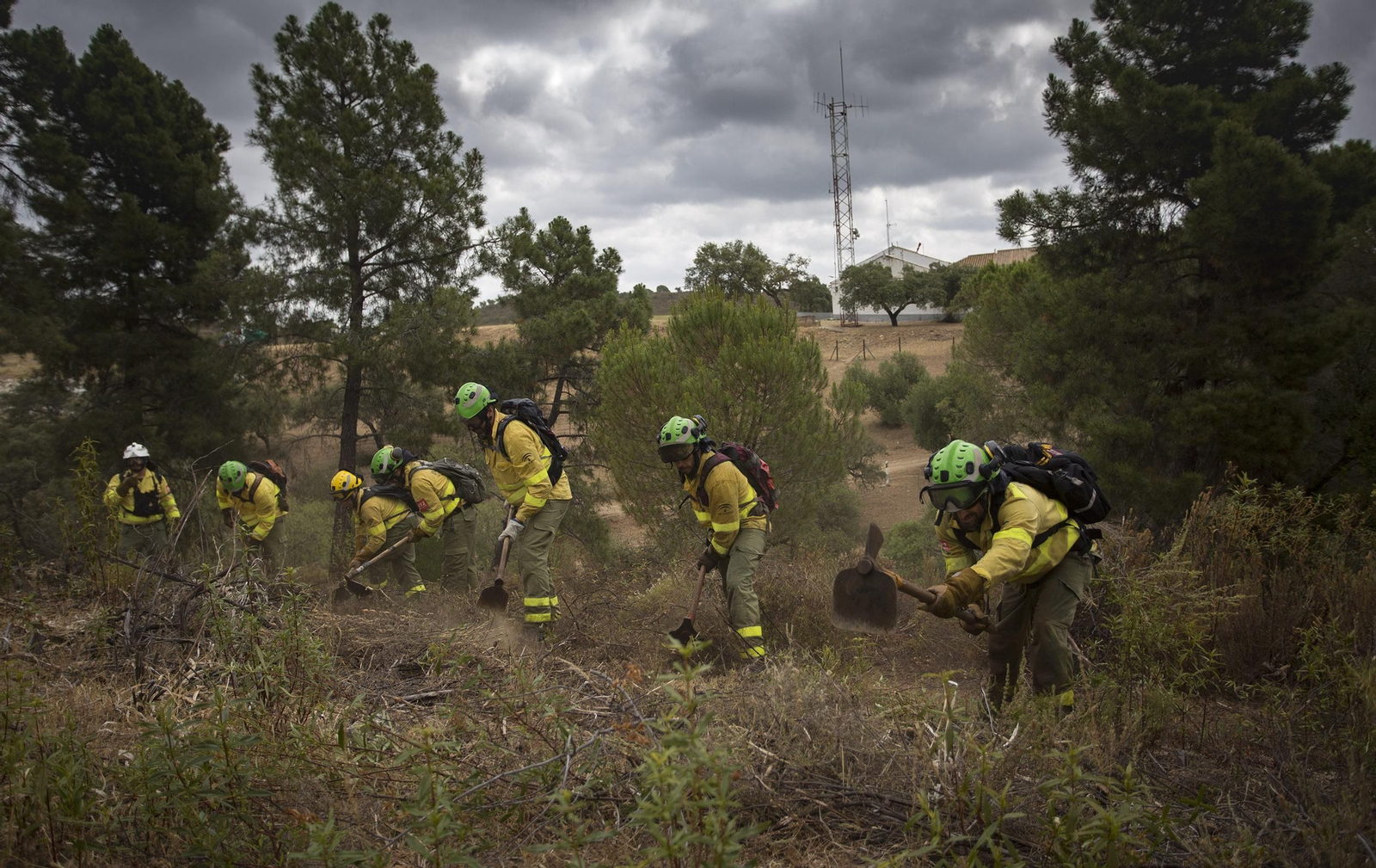 Ejercicio contra incendios en la base Brica de Madroñalejo, en Aznalcóllar