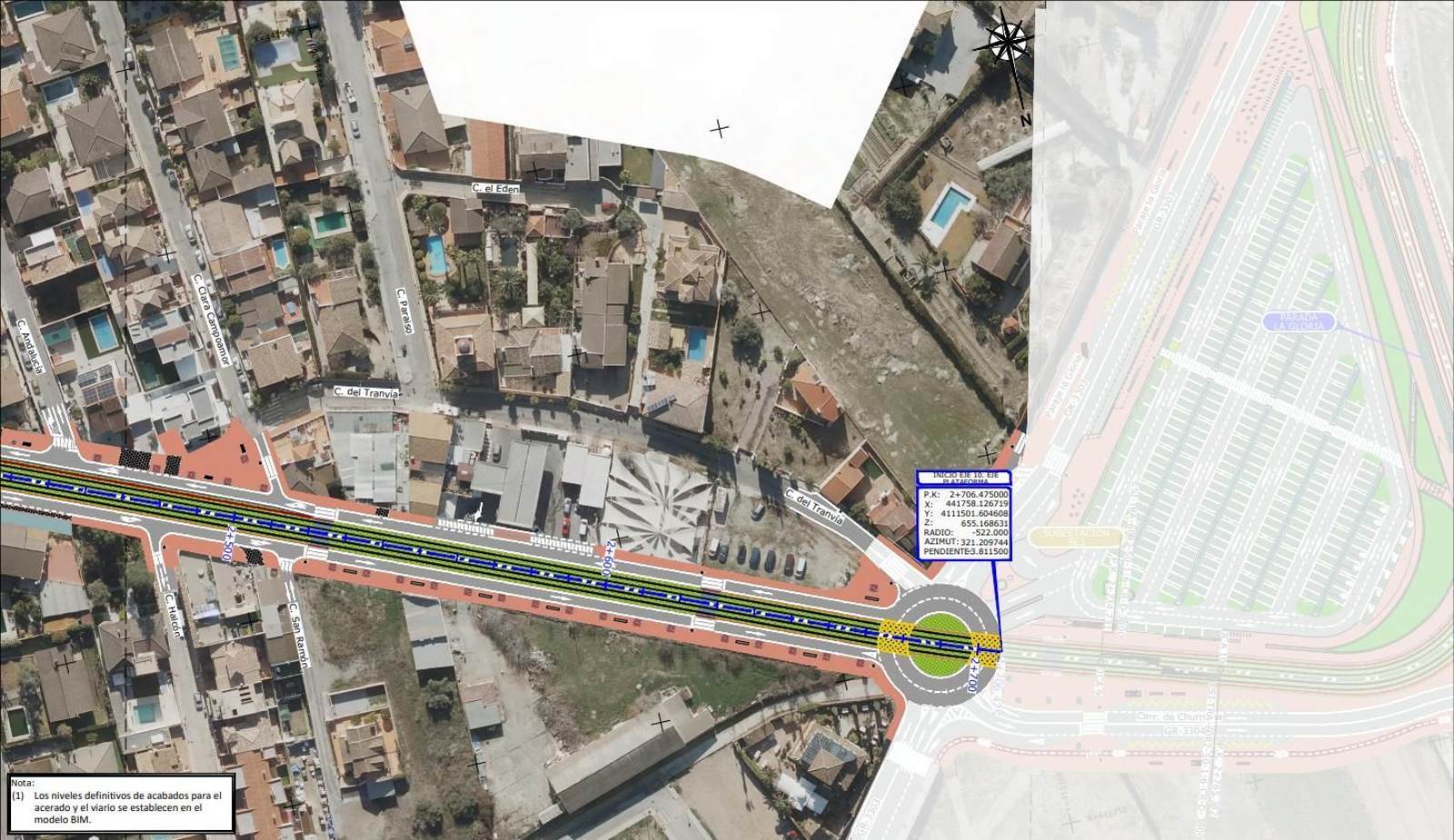 Mapa del trazado definitivo de la ampliación Sur del Metro de Granada por Armilla, Churriana y Las Gabias