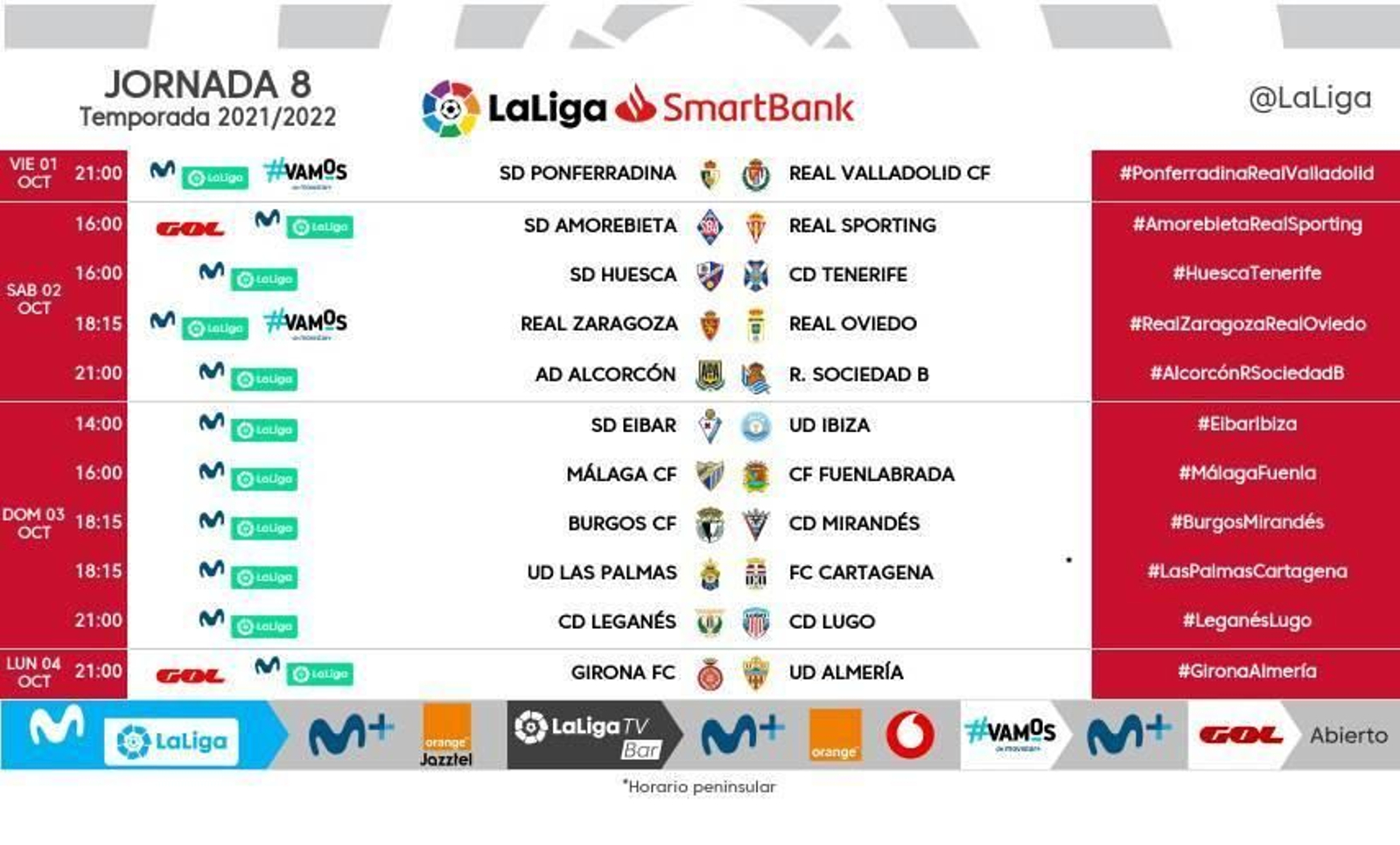 Horarios de la jornada 8 de Segunda División Horarios de la jornada 8 de Segunda División