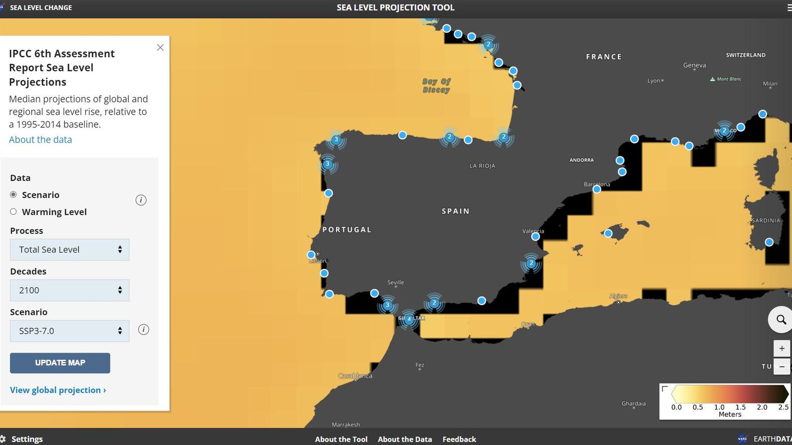 Mapa de la NASA con las proyecciones del aumento del nivel del mar en el próximo siglo