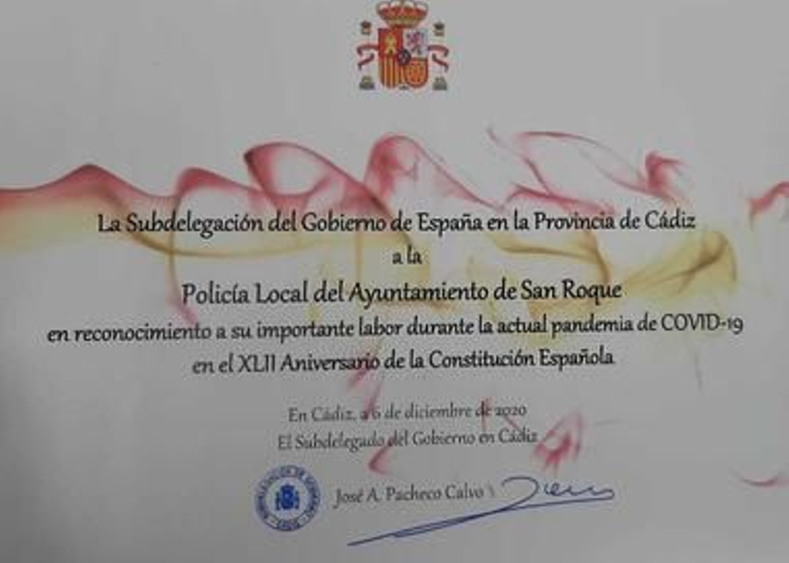 El reconocimiento enviado a la Policía Local de San Roque