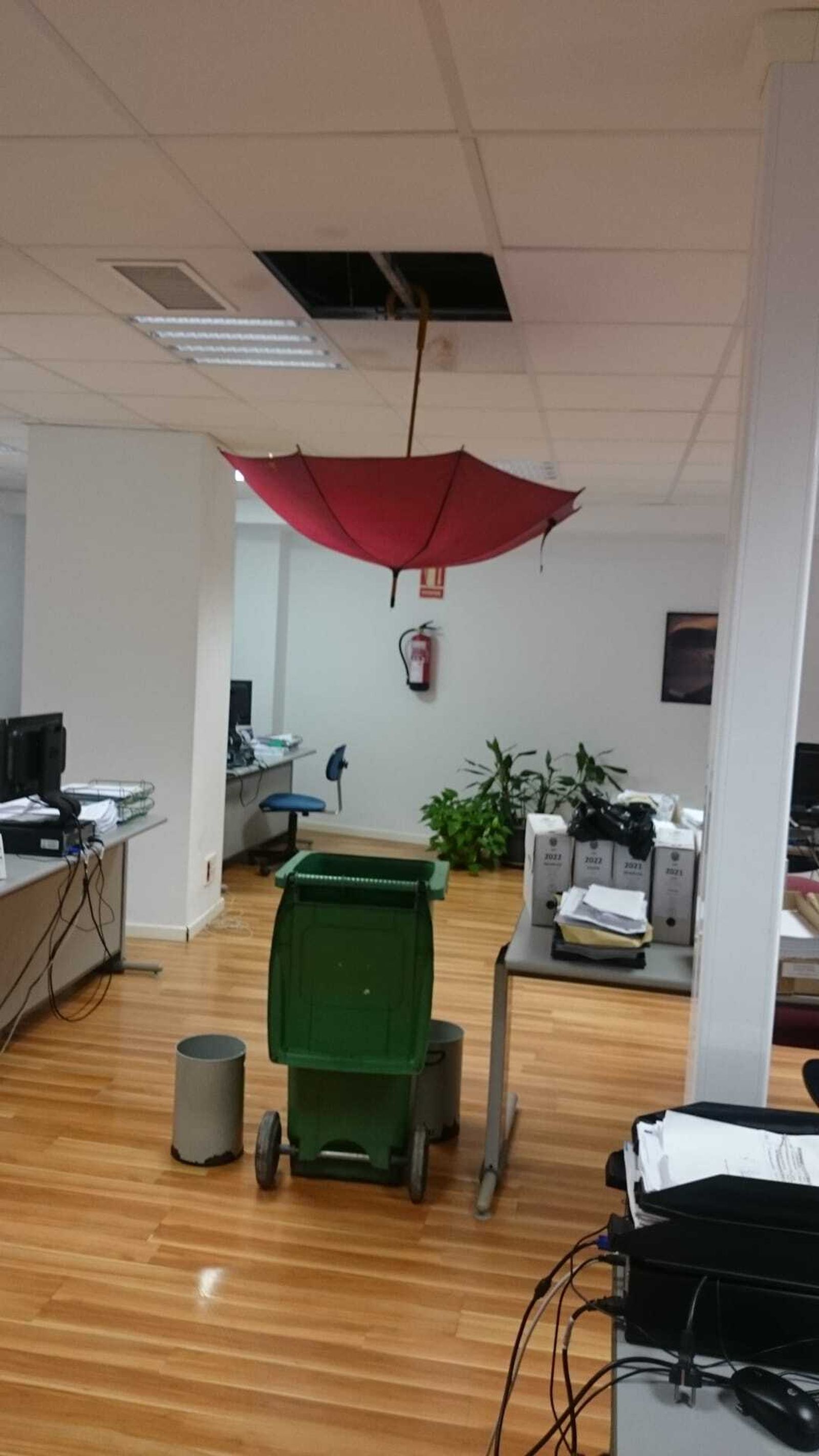 Un paraguas tapa las goteras de las bajantes y un contenedor recoge el agua en la oficina de Gestión Tributaria del Ayuntamiento de Motril