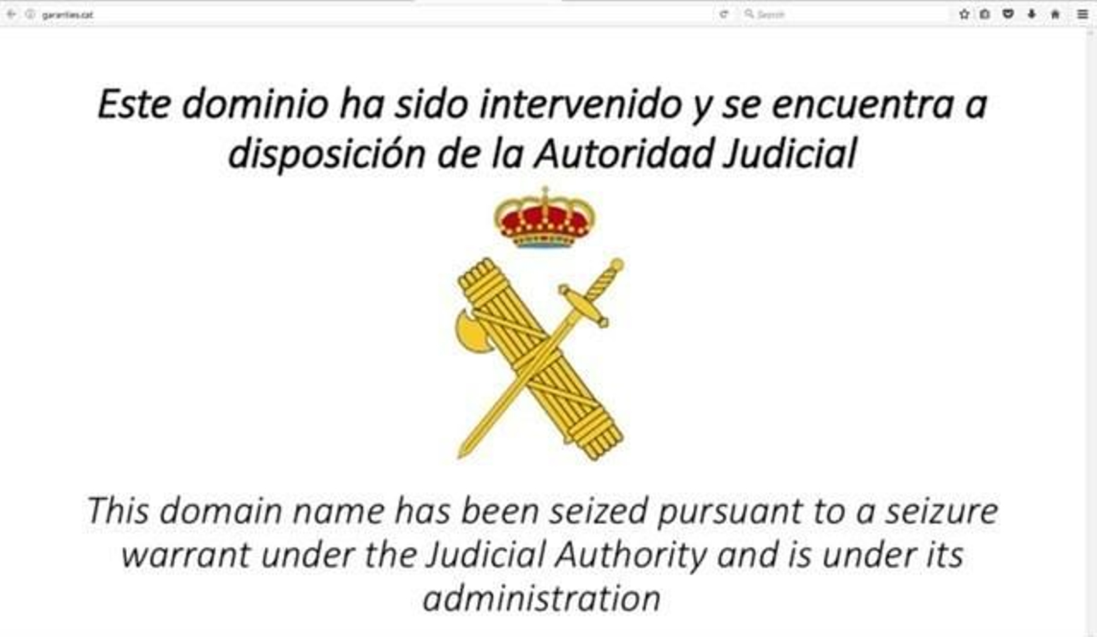Captura de la imagen que sustituye la interfaz de las webs desactivadas por la Benemérita.