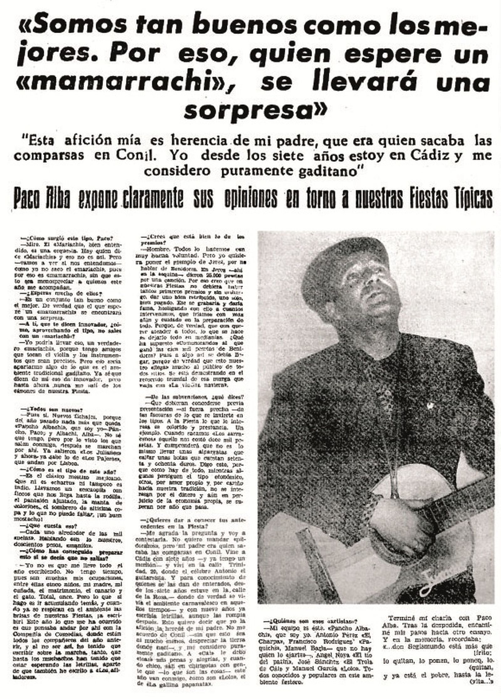 Entrevista publicada en Diario de Cádiz en 1961 a Paco Alba