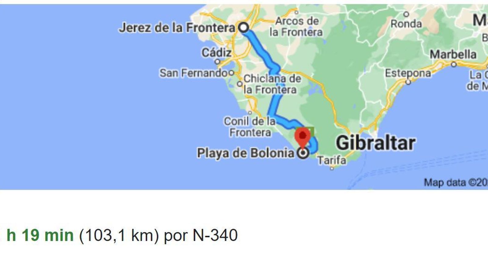 Mapa recorrido Jerez - Playa de Bolonia. Mapa recorrido Jerez - Playa de Bolonia.