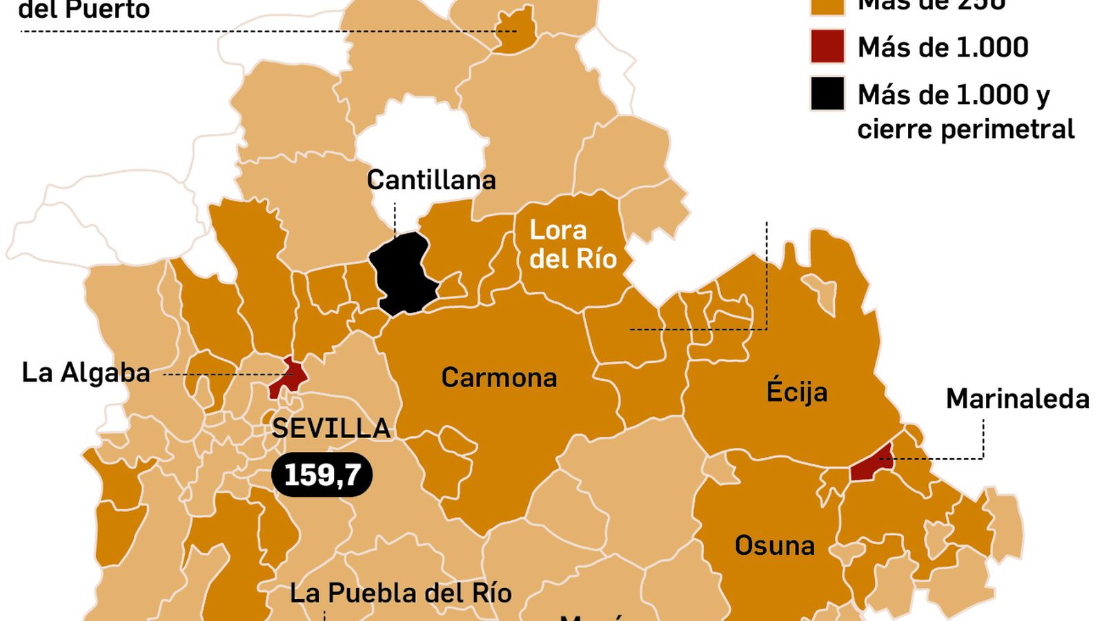 Mapa de tasas Covid-19 de los municipios de Sevilla.