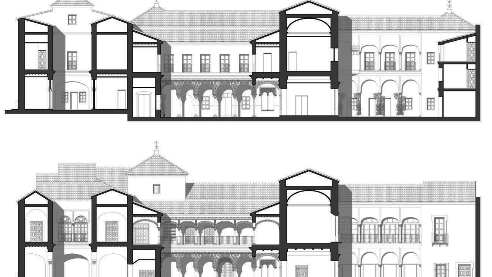 Secciones comparativas de la casa en el año 1900 y 2017.