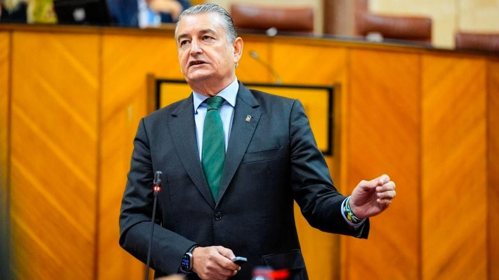 El consejero de Presidencia, Interior, Diálogo Social y Simplificación Administrativa, Antonio Sanz, en pleno del Parlamento de Andalucía, este 9 de octubre de 2025.