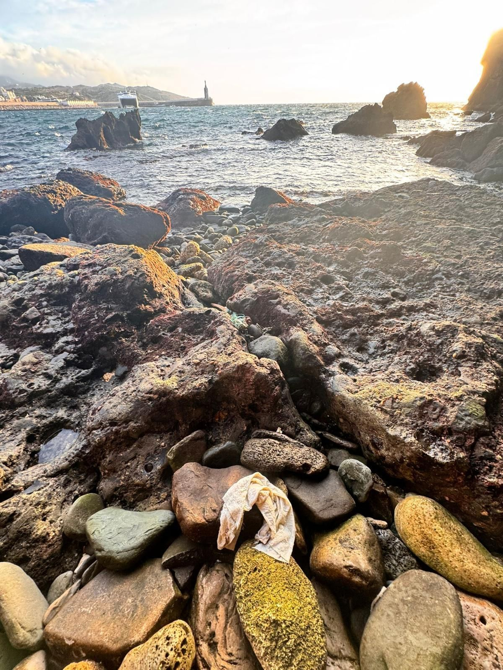 Piedras en la Isla de Tarifa manchadas por los hidrocarburos.