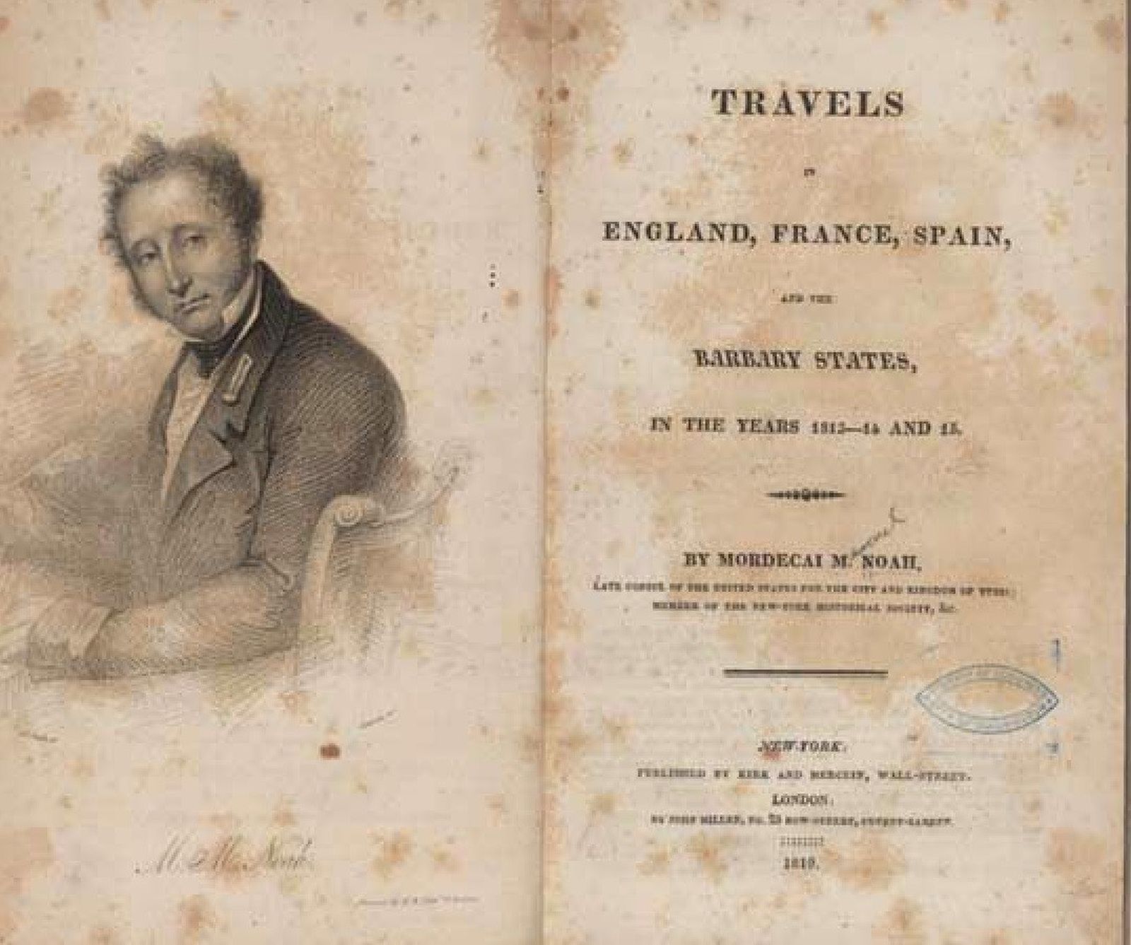 Retrato de Mordecai Manuel Noah en su libro de 1819.