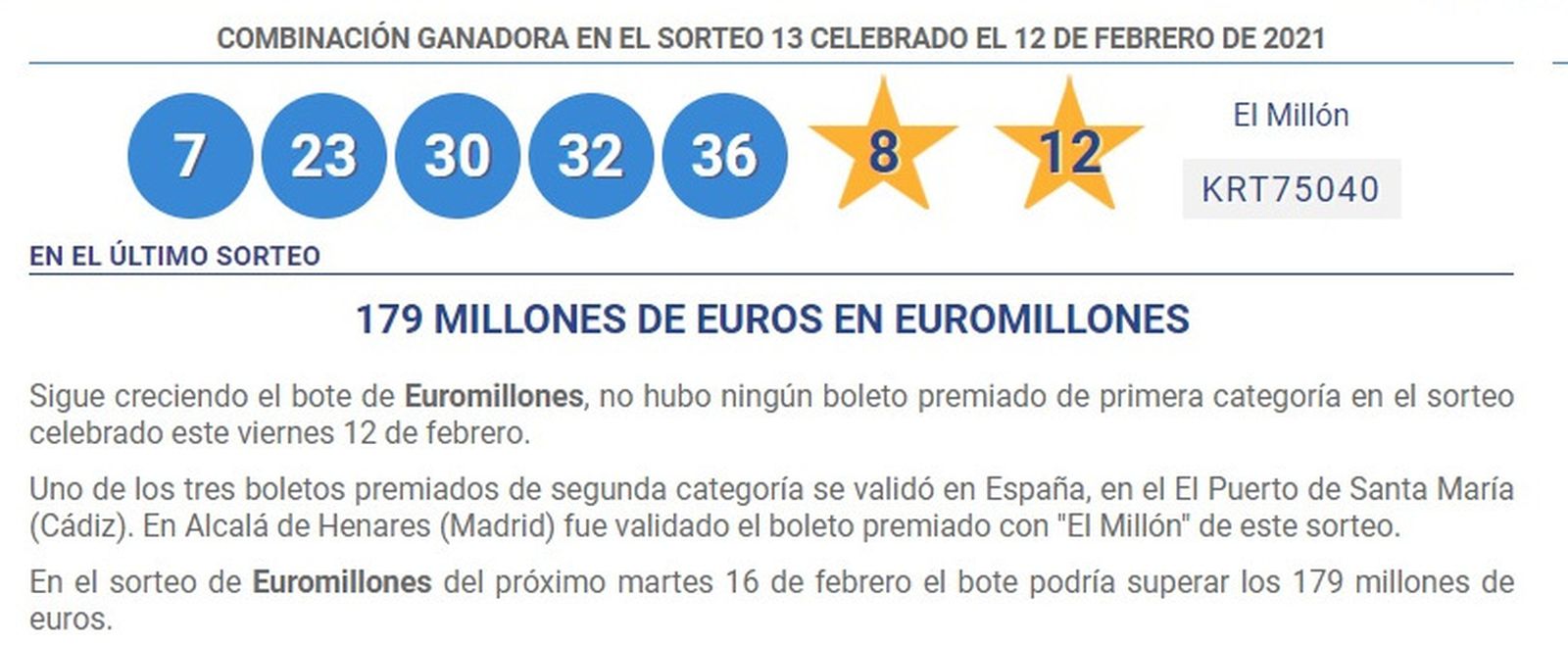 Combinación ganadora del sorteo de Euromillones del viernes 12 de febrero