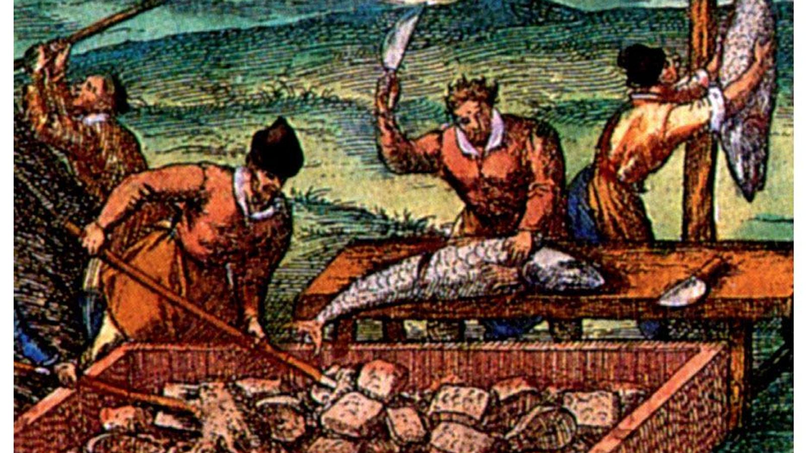 Despiece de atunes en la almadraba de Conil por G. Hofnagel (Año 1575).