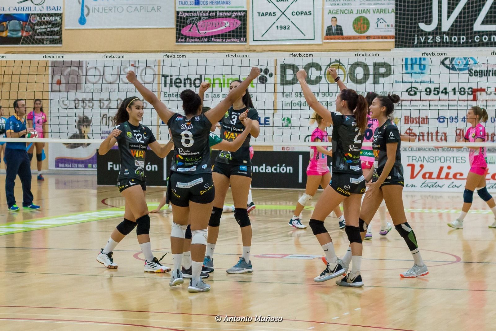 Las jugadoras del Cajasol Voley celebran con alborozo uno de los puntos.