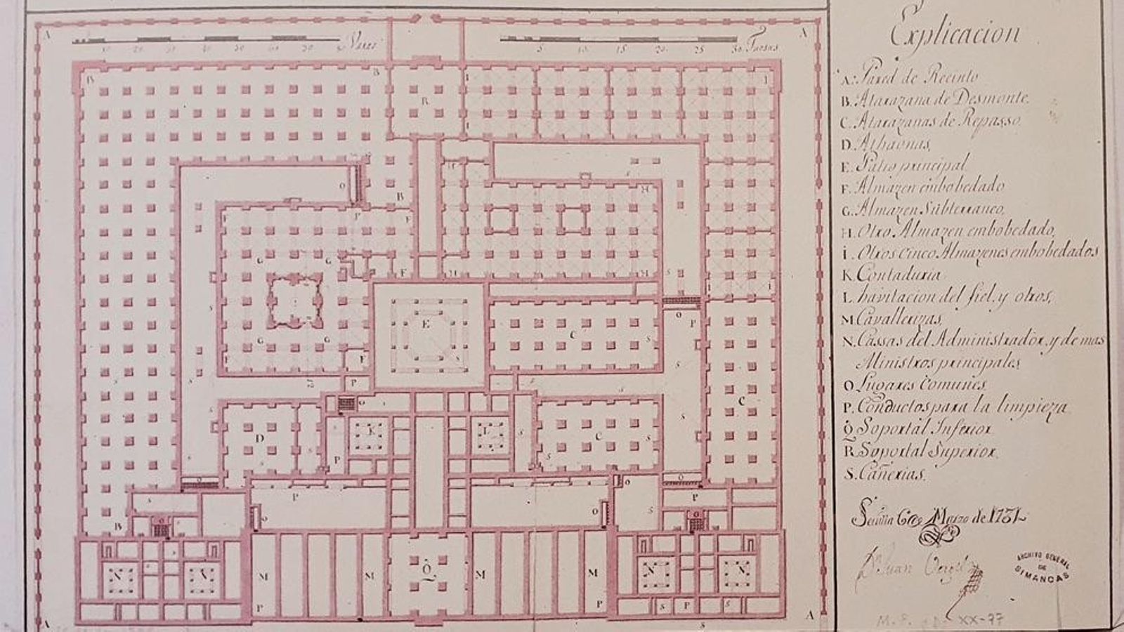 Planta de cimientos de la Fábrica de Tabacos, firmada por Juan Vergel en 1731
