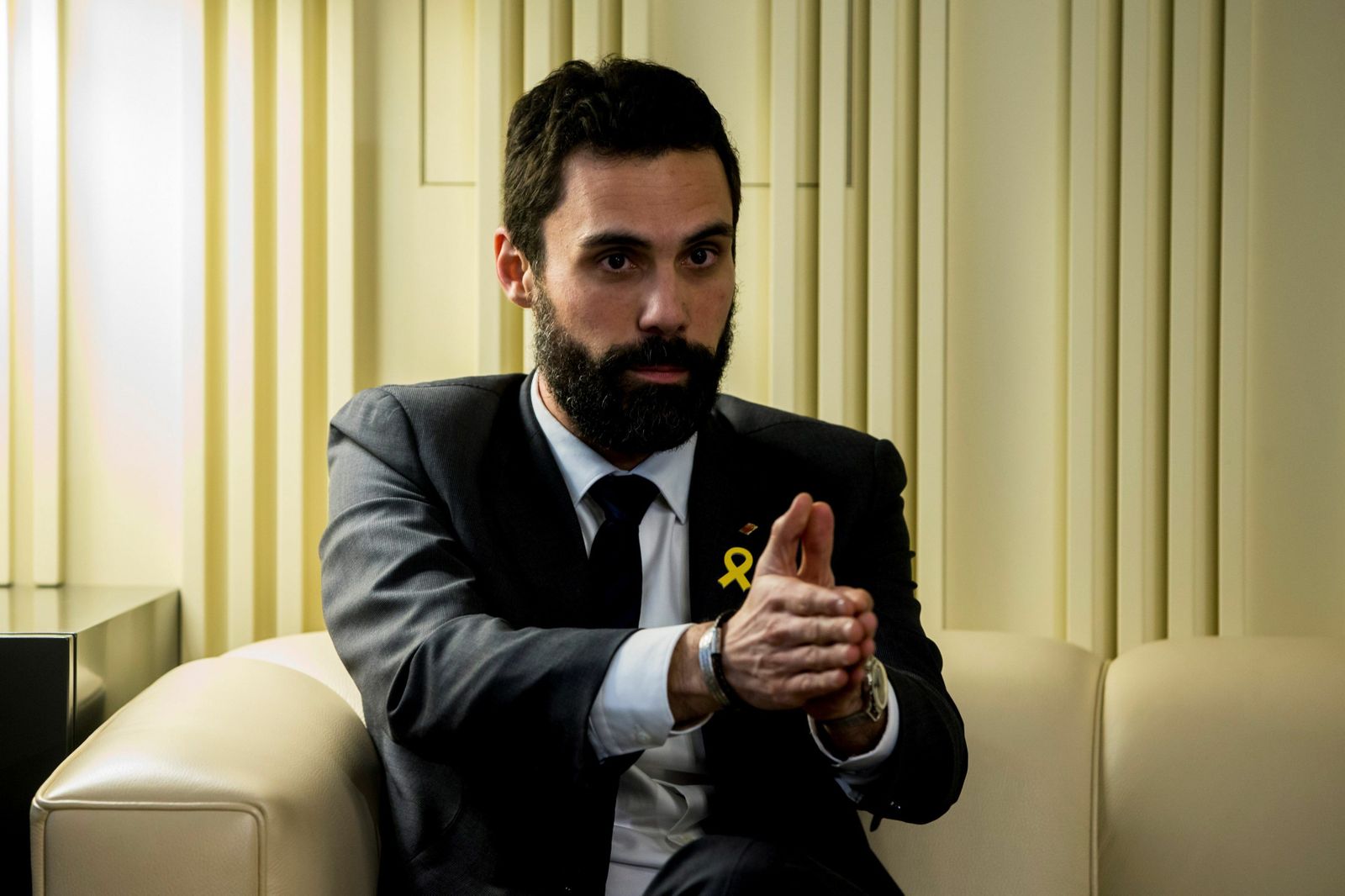 El presidente del Parlamento catalán, Roger Torrent, durante un acto en febrero de 2018 en Barcelona.