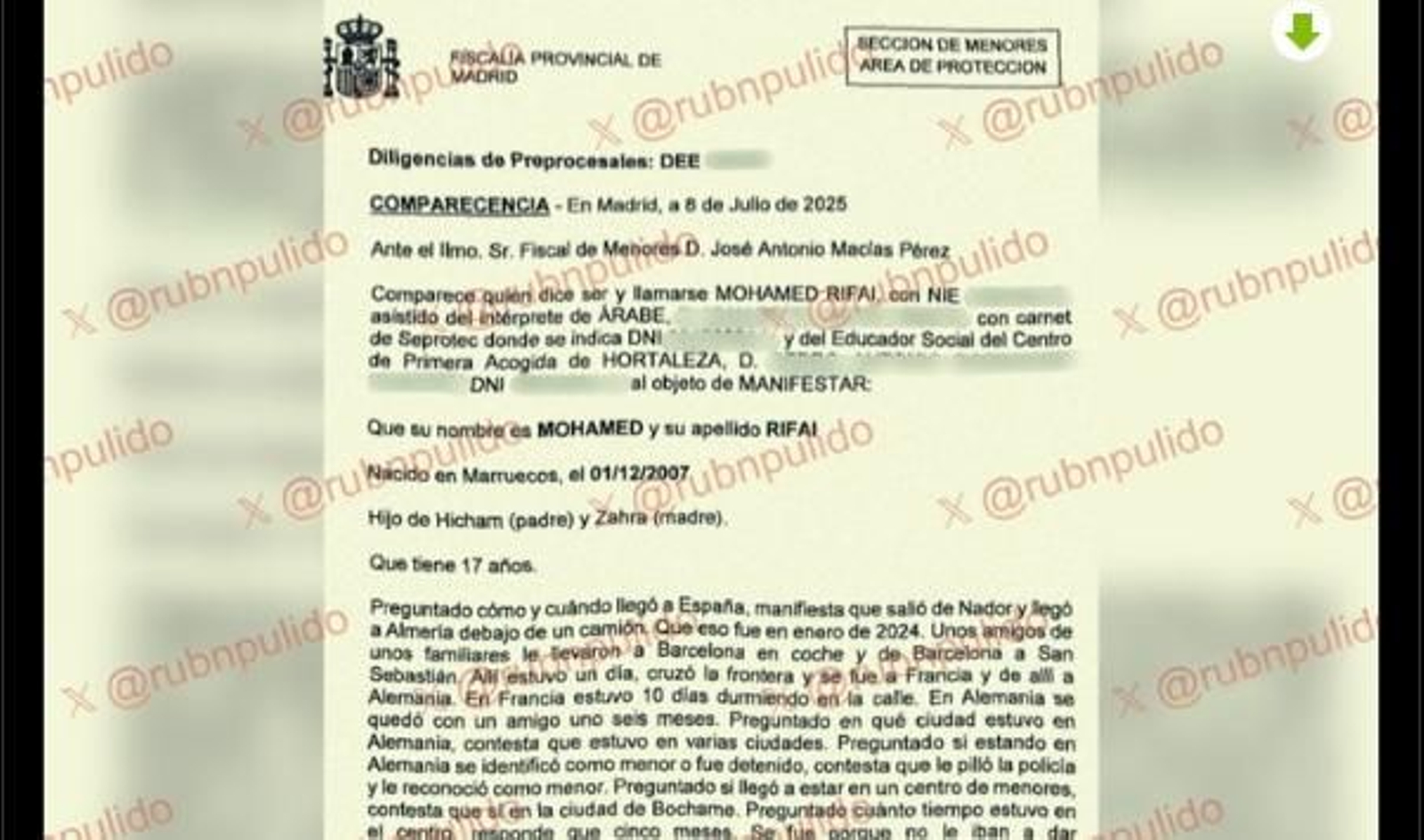 Documento compartido en redes sociales por Ruben Pulido.