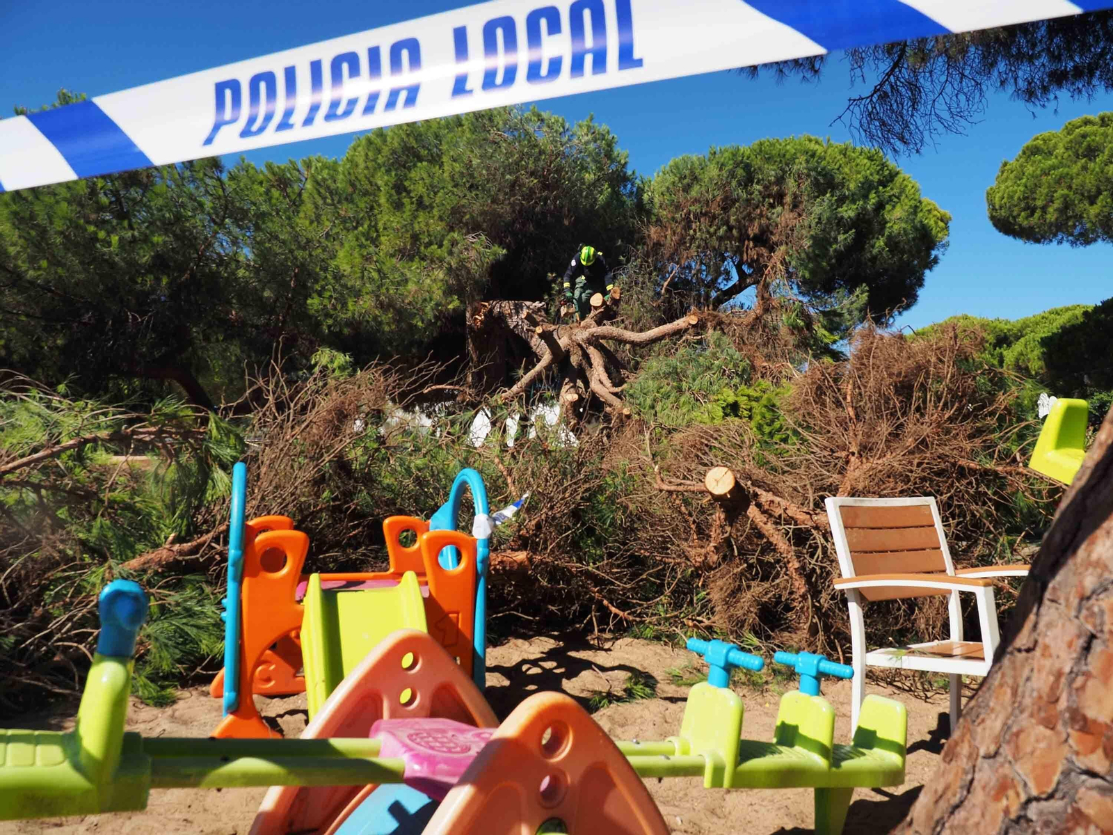Un pino cae sobre las mesas de un restaurante en Nuevo Portil.