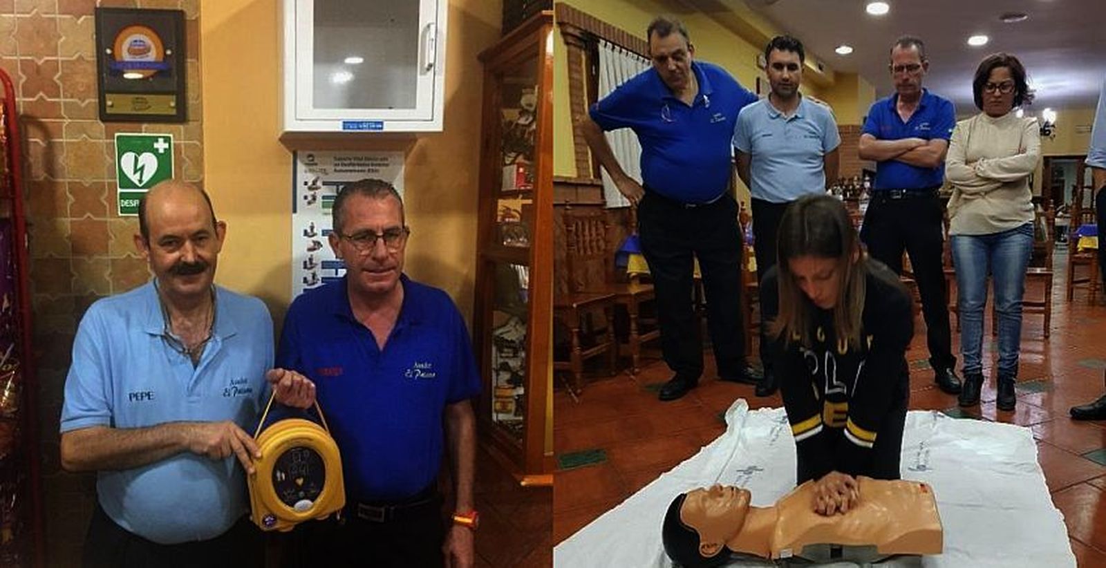 Los hermanos Cadena con el desfribilador y un momento de las clases de formación