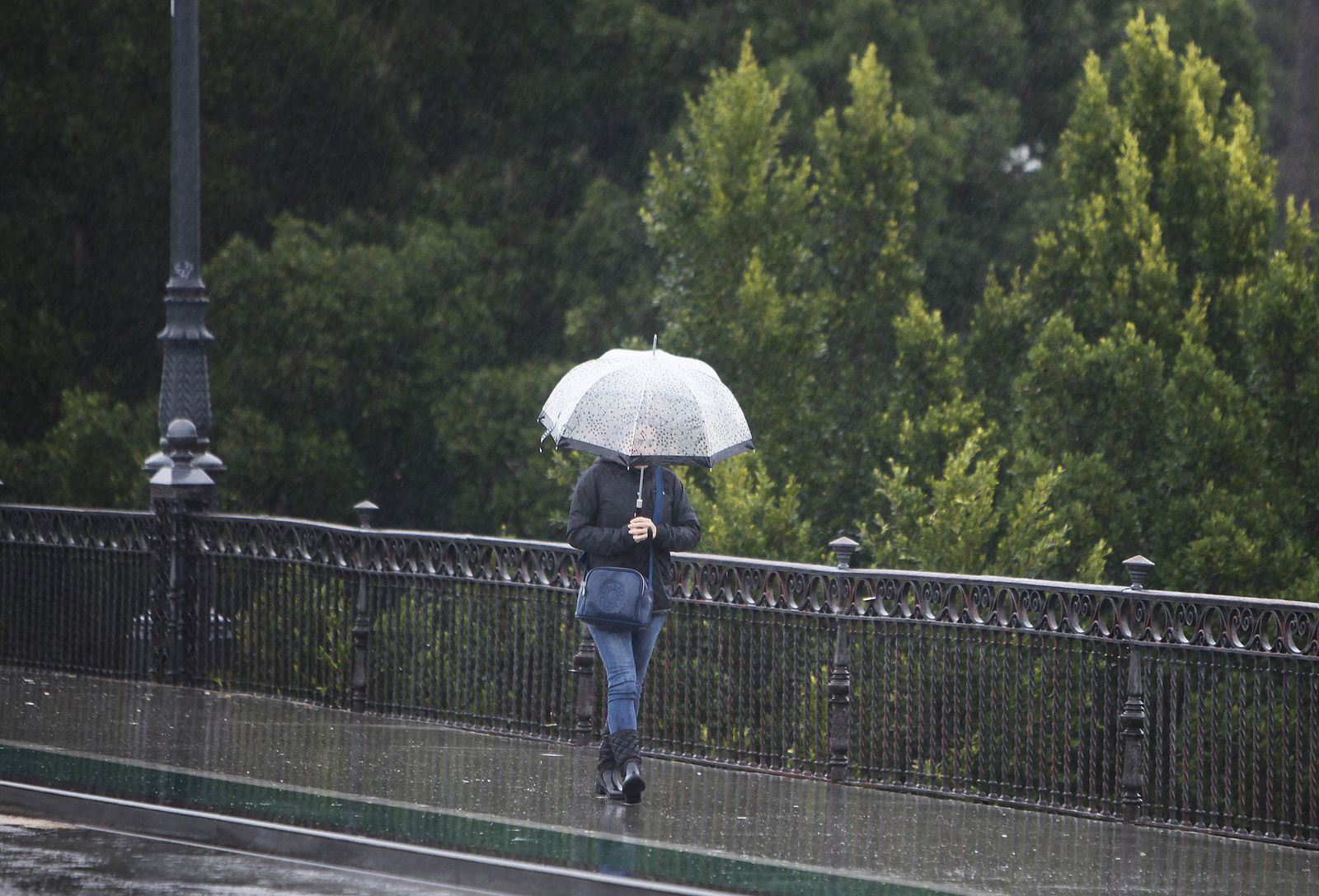 Una mujer se resguarda de la lluvia bajo un paraguas.