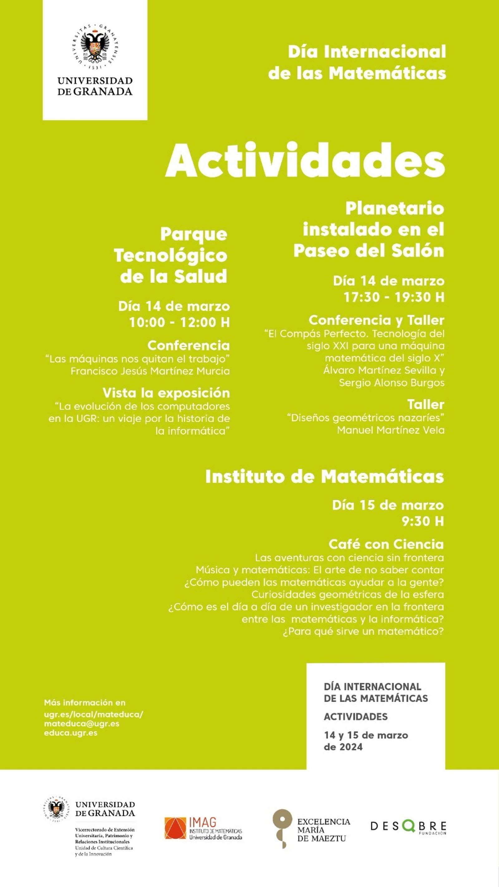 Cartel de actividades de divulgación en la UGR  con motivo del Día Internacional de las Matemáticas