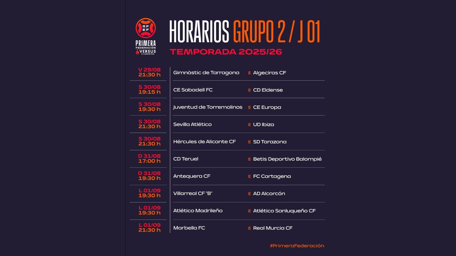 Horarios de la jornada inicial del grupo II de Primera Federación en la temporada 2025-2026