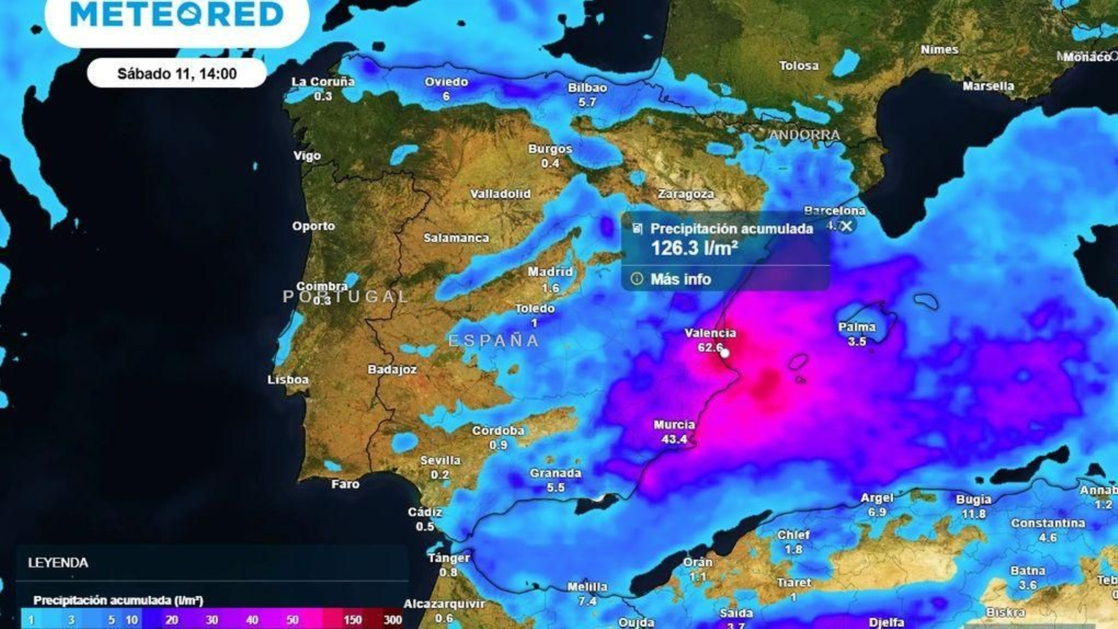 El acumulado de lluvia previsto para el sábado 11 de octubre.