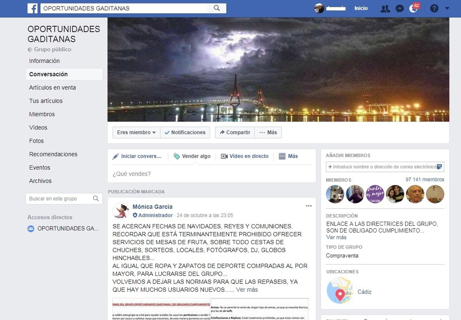 Pantallazo de la entrada al grupo de 'Oportunidades gaditanas' que se aloja en la plataforma de Facebook.
