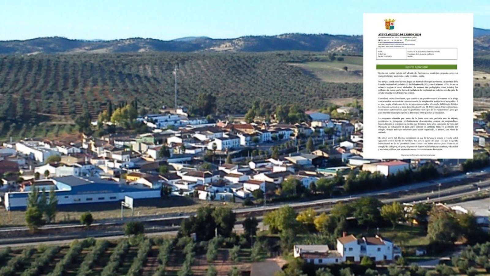 Vista aérea de Carboneros junto a la carta redactada a Juanma Moreno.