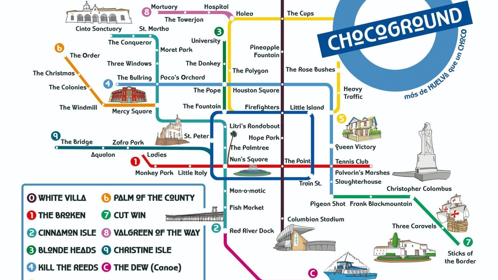 Si en Huelva hubiera metro, así sería el mapa con los lugares más emblemáticos