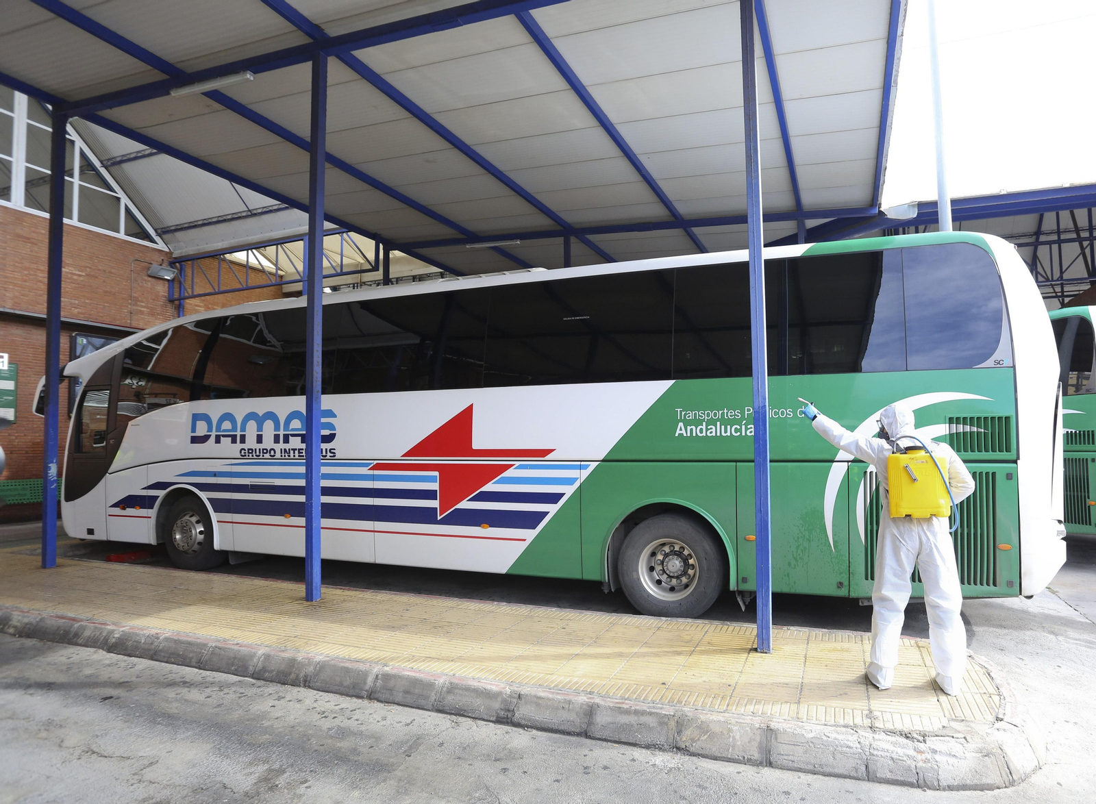 La UME desinfecta en Málaga la estación de autobuses y el puerto, en fotos