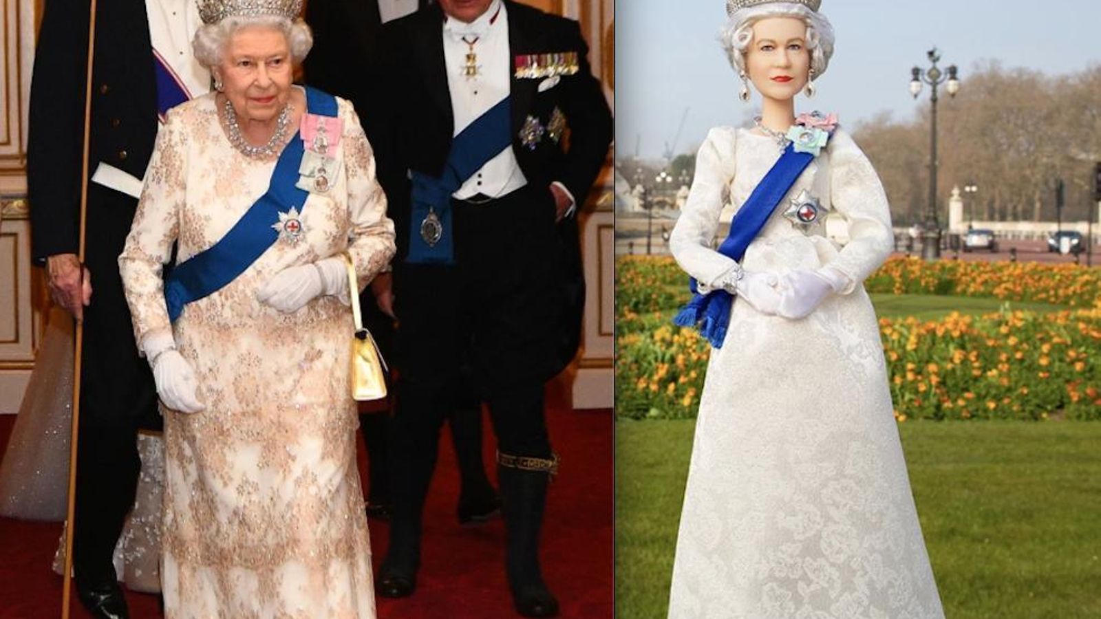 Isabel II con un traje marfil de gala y banda azul. Idéntica indumentaria lleva la Barbie dedicada a ella.