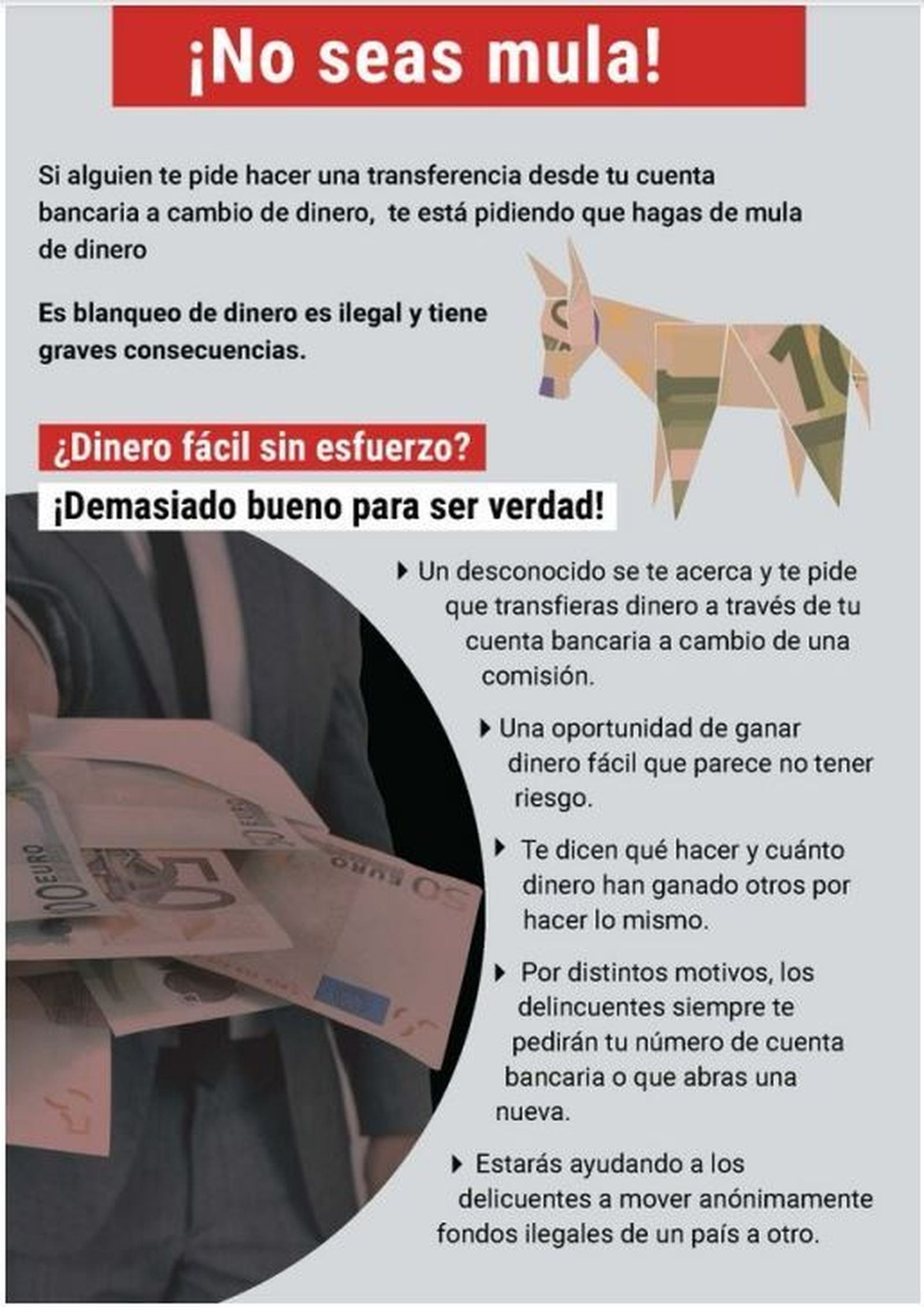 Cartel informativo sobre las 'mulas digitales'