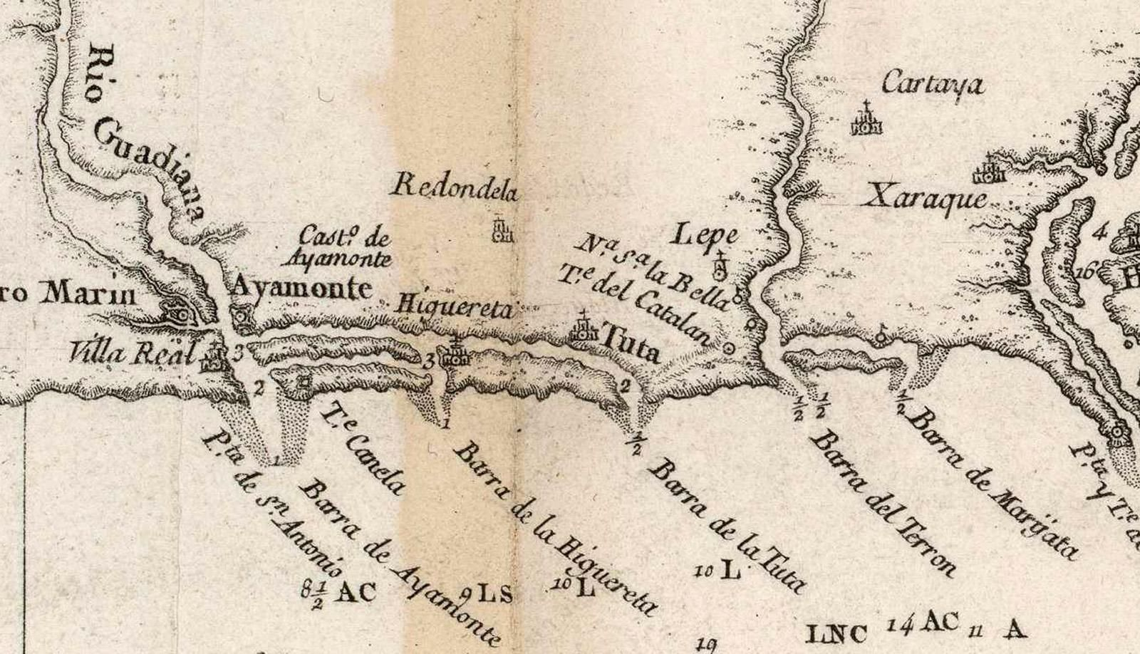 Un mapa de Vicente Tofiño de1786 (BNP) donde se cita y ubica claramente la barra y el real de la almadraba de la Tuta
