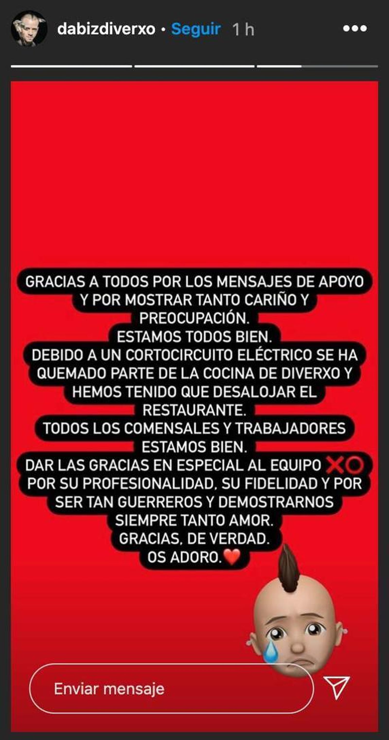 'Post' de Dabiz Muñoz tranquilizando a sus fans.