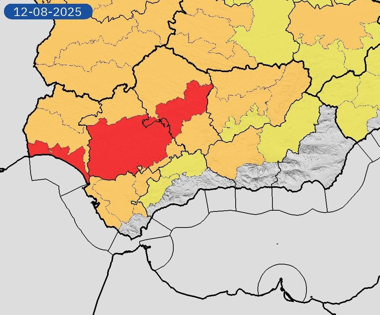 Mapa de avisos en Andalucía.