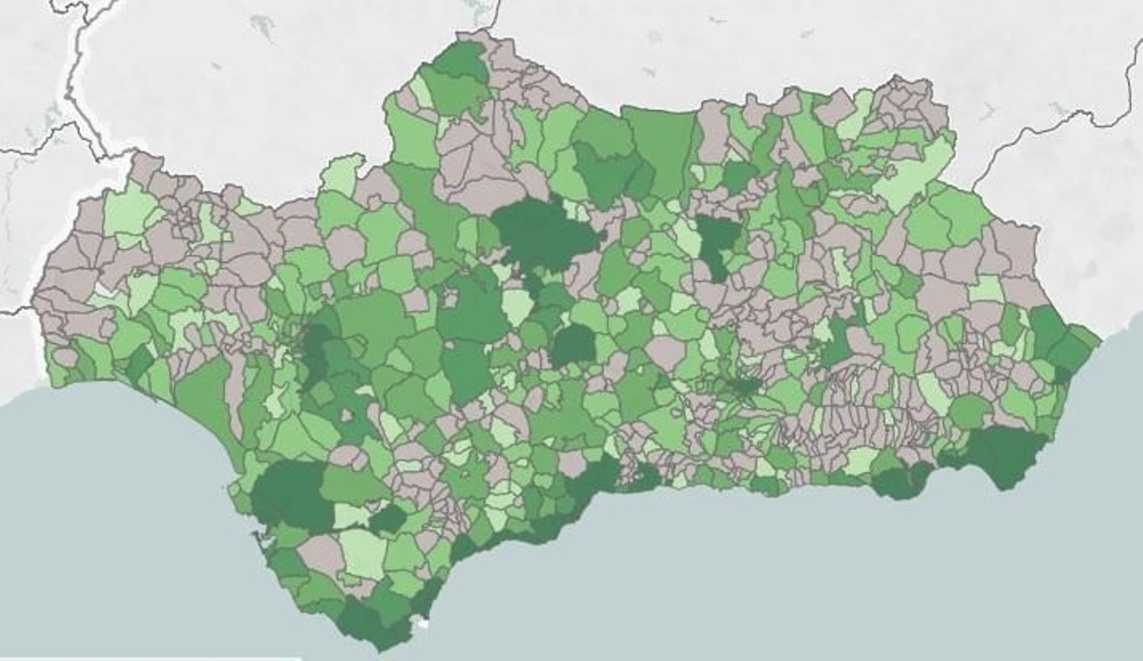 Mapa de casos diagnosticados en los últimos 14 días en Andalucía.