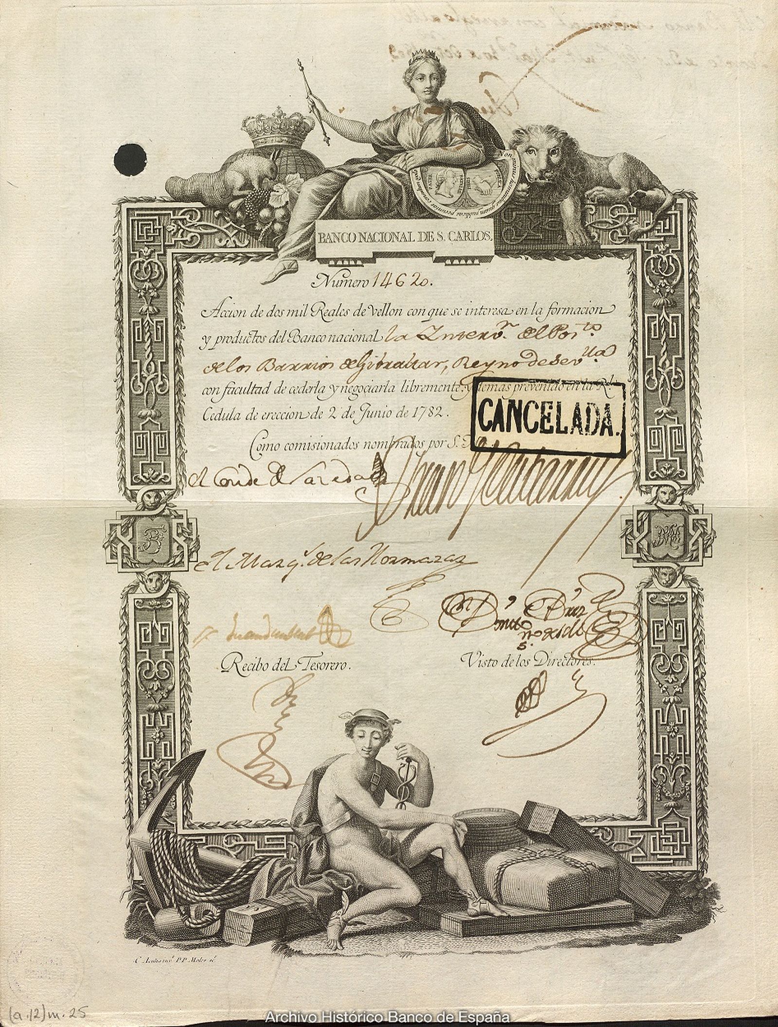 Una de las acciones del Pósito de Los Barrios en el Banco de San Carlos (1782). Archivo Histórico del Banco de España.