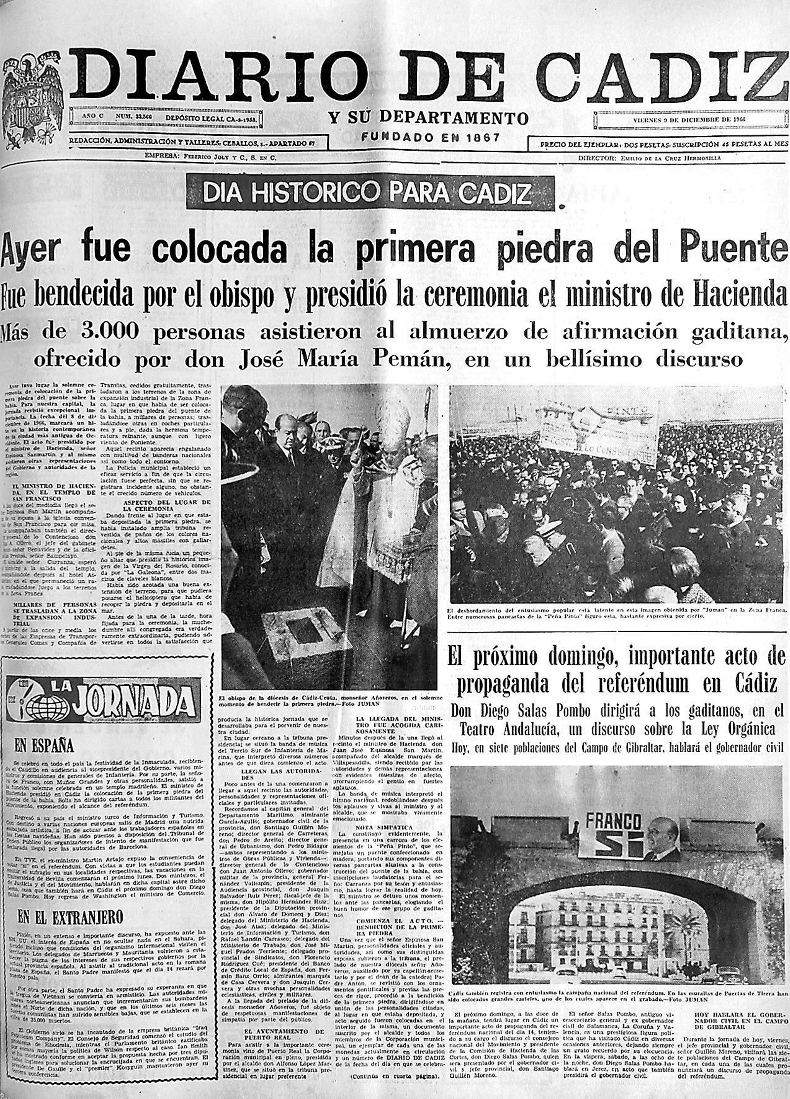Reproducción de la portada de Diario de Cádiz el 9 de diciembre 1966.