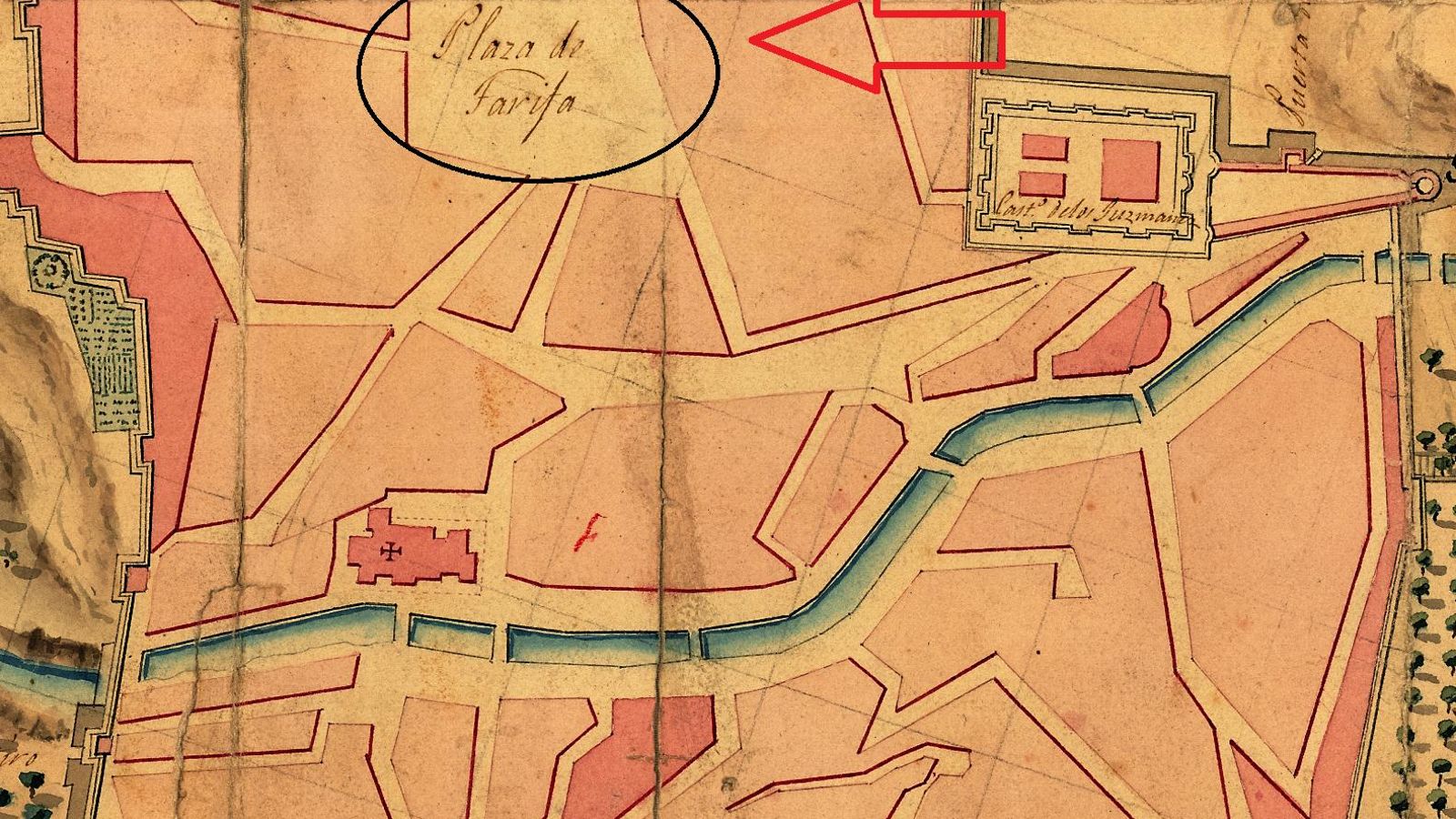 Plano esquematizado fechado en 1818. Destaca la amplitud relativa de la “plaza de Tarifa” (Santa María). Obsérvese el arroyo cruzando la población.