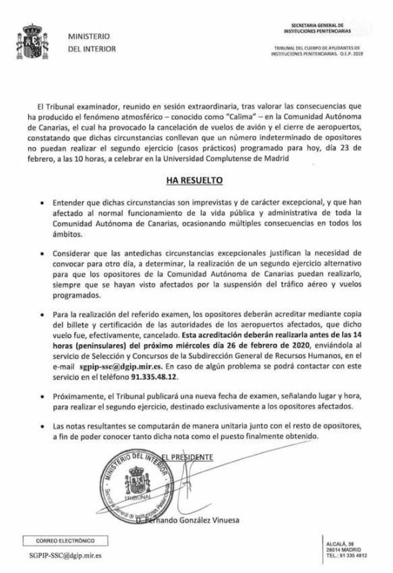 Resolución del tribunal opositor para la celebración de una prueba alternativa
