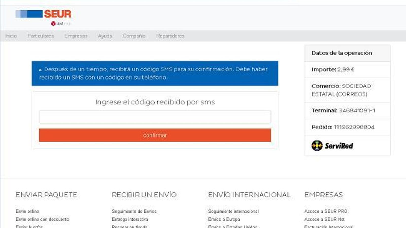 Tercer paso de la estafa por smishing en SEUR
