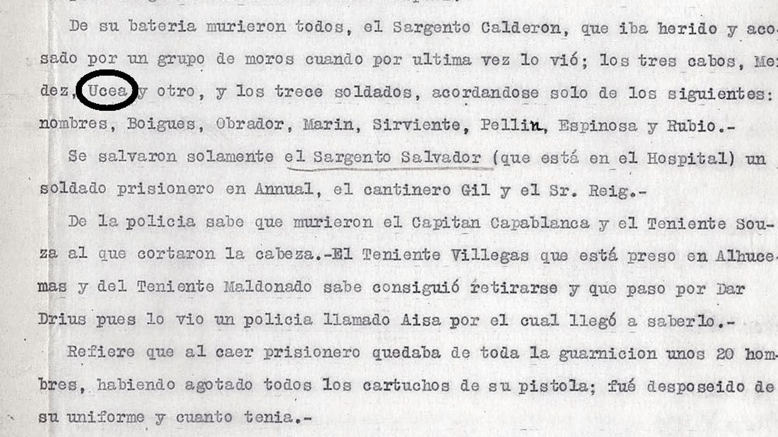 Extracto del informe de Reig que recoge la muerte del soldado algecireño José Ucea Cerdán.