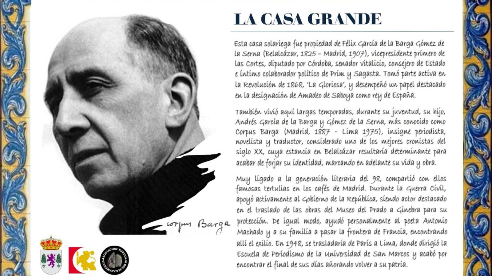 Azulejo que se colocará en la Casa Grande, el hogar belalcazareño de Corpus Barga.