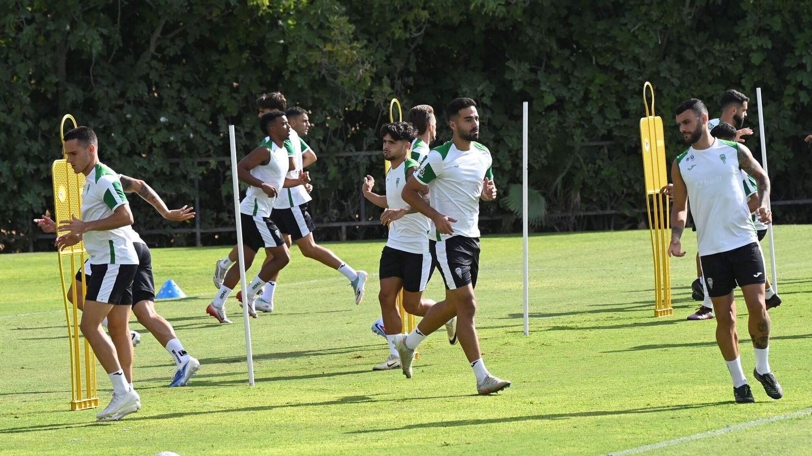 Los futbolistas del Córdoba CF calientan antes de un entrenamiento en la Ciudad Deportiva.