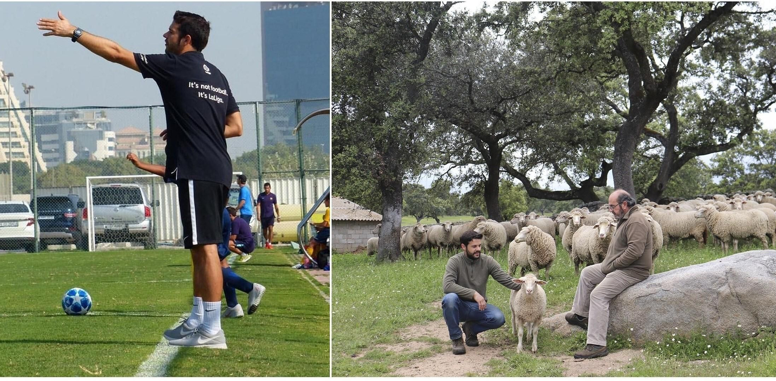 Antonio Jesús Moreno, durante su etapa de técnico en Dubái, y ahora en Villanueva junto a su padre y sus ovejas.